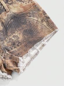Quần short denim siêu ngắn cạp thấp, họa tiết hoa điều paisley cổ điển phong cách Y2K, viền tua rua, gợi cảm. - màu nâu - Xem 11
