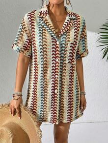 Swim Vcay Kimono de verano para mujer con abertura delantera de botones, hombros caídos, manga corta, estampado de rayas y encaje, para usar como cubierta en la playa - Caqui - Ver 5