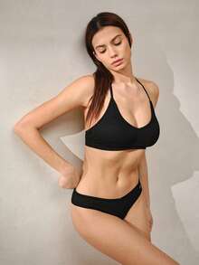 Veilyse 1 chiếc áo ngực thể thao không đường may gân sọc lưng racerback cổ chữ V, có miếng đệm tháo rời, mềm mại thoải mái thoáng khí cho yoga mùa hè - màu đen - Xem 8