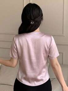 DAZY Women's Elegant Solid Color Bow Decor Blouse, Summer - Pink - View 5