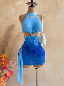 Soleia Women's Gradient Backless Halter Mini Dress, Suitable For Beach Vacation,Summer Dress,Vacation Dress - Multicolor - View 5