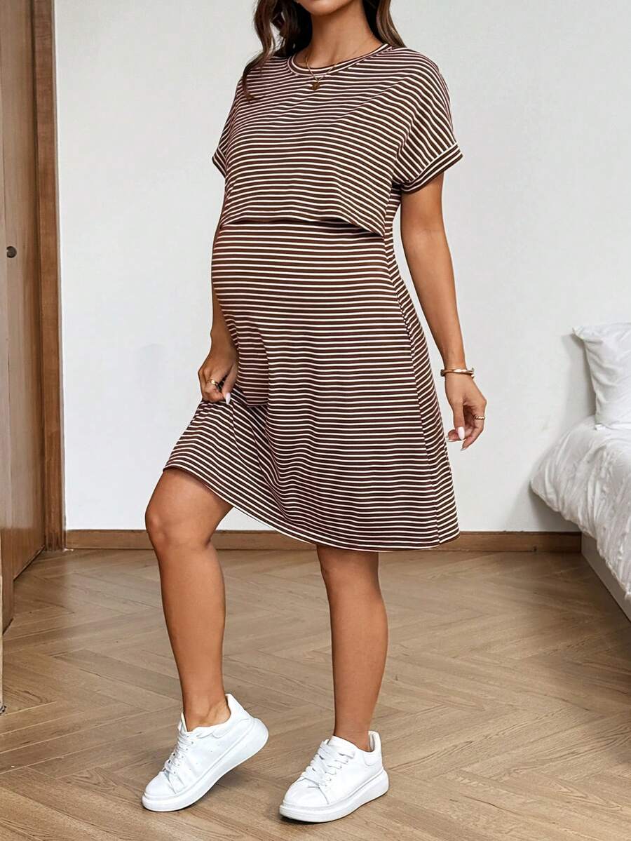 SHEIN 孕妇夏季休闲条纹哺乳连衣裙 - 棕色 - 查看 1