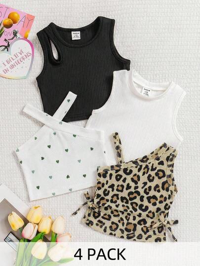 SHEIN 4pcs Toddler Girl Kids Summer Y2K Leopard Print Polka Dot Heart Pattern Halter Tank Top Tube Tops Sleeveless Slim Fit Squishy Soft Texture Cami Shirts Blusas Outerwear Multi-Pack For Vacation Beach Party Outfits