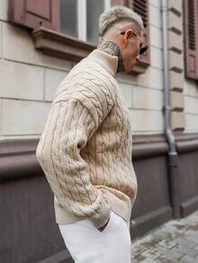 Artur Kramer 男士秋冬拉链半开襟时尚针织套头毛衣，休闲针织麻花针织衫，男士针织四分之一拉链Polo衫，长袖上衣 - 杏色 - 查看 6