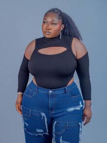 CurvyTilda Plus Size Y2k Black Bodycon Cut Out Shoulder Bodysuit, For Hourglass Body Shape - Black - View 3