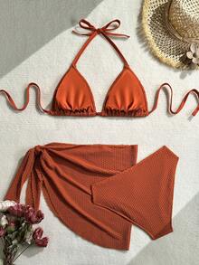 Swim Vcay Set de bikini de 3 piezas talla grande con top halter color caramelo y cubierta de malla con diseño calado sexy - Marrón - Ver 4