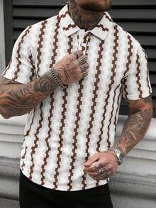 Manfinity Homme Men's Casual Striped Pattern Short Sleeve Polo Shirt, Suitable For Summer Vacation And Daily Commute Mens Pattern Button Ups - Brown - View 5