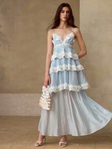 PREMIUM 2026 SUMMER WOMEN'S SPAGHETTI STRAP TIERED LACE FLORAL LONG DRESS - Blue - View 5
