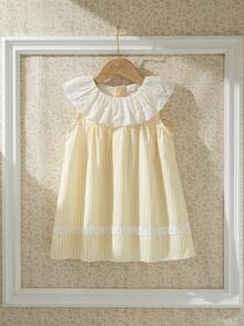 Souflis Souflis 法式新款浅黄色女童夏季条纹连衣裙，配精致蕾丝领，适合外出、上学及其他场合。 - 黃色 - 查看 2