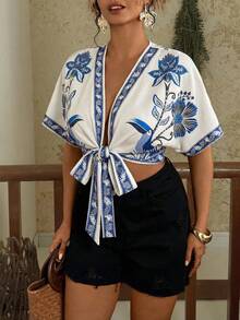 Travachic Plus Size Vintage Floral Print Tie Front Short Sleeve Shirt Boho Wrap Tops For Women Summer Tops For Women Vacation Tie Front Top Casual Tops Women Summer Summer Blouses For Women - Multicolor - View 6