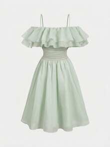 Pitira Pitira Tween Girls' Elegant Green Ruffle Strap Dress, Summer Sage Green Dress Midi Dress Ruffle Dress Off Shoulder Dress - Green - View 2