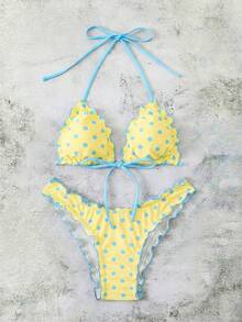 Swim Mod 女士夏季波点印花性感吊带蝴蝶结比基尼两件套泳衣沙滩度假套装 - 黃色 - 查看 6