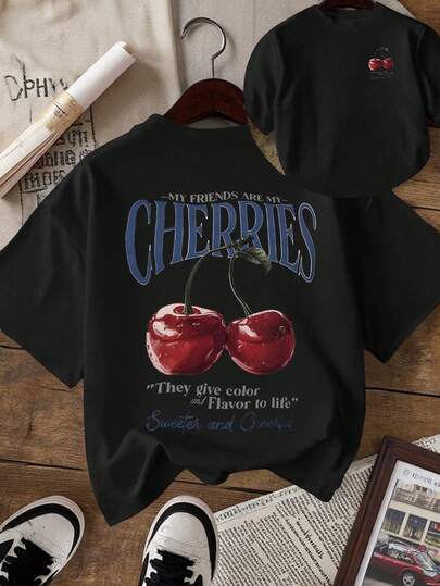 INAWLY Women's Cherry Fruit & Slogan Graphic Round Neck T-Shirt