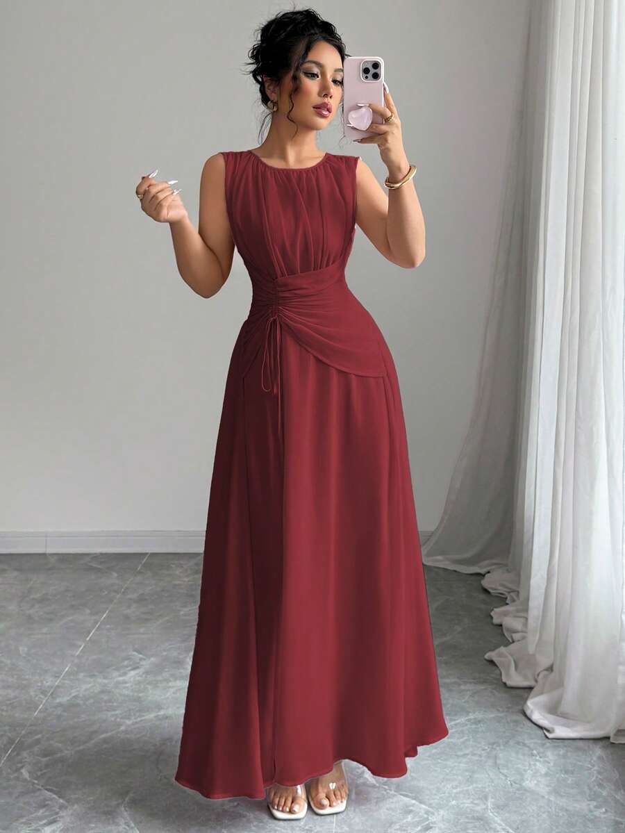 Elenzga Women's Burgundy Summer Elegant Party Chiffon Maxi Dress,Vintage Sleeveless Round Neck Drawstring Waist Pleated Back Lined Casual Beach Gown - Burgundy - View 1