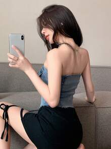 DAZY 纯色纽扣前开襟露脐牛仔抹胸上衣，适合节日穿着 - 中等水洗藍 - 查看 2