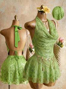 Mistrie 女士花卉亮片垂褶领性感度假连衣裙 - 綠色 - 查看 1