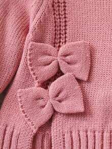 SHEIN Newborn Baby Fashionable Cute Round Neck Shoulder Button Long Sleeve Bow Knit Sweater And Knit Pants Set, Soft And Comfortable, Suitable For Spring, Autumn And Winter, Suitable For Daily, Outdoor, Travel, Vacation, Home, Nursery, And Children's Play Wear Baby Set Autumn Winter Season Baby Girl Knitted Outfit Baby Girl Warm Sets Pink Bow Baby Outfit Baby Girl Knitted Outfits Newborn Sweater Romper - Pink - View 6