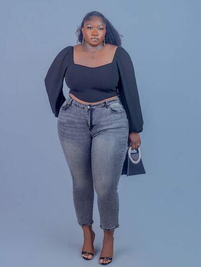 CurvyTilda 加大碼甜心領綁帶腰身燈籠袖上衣