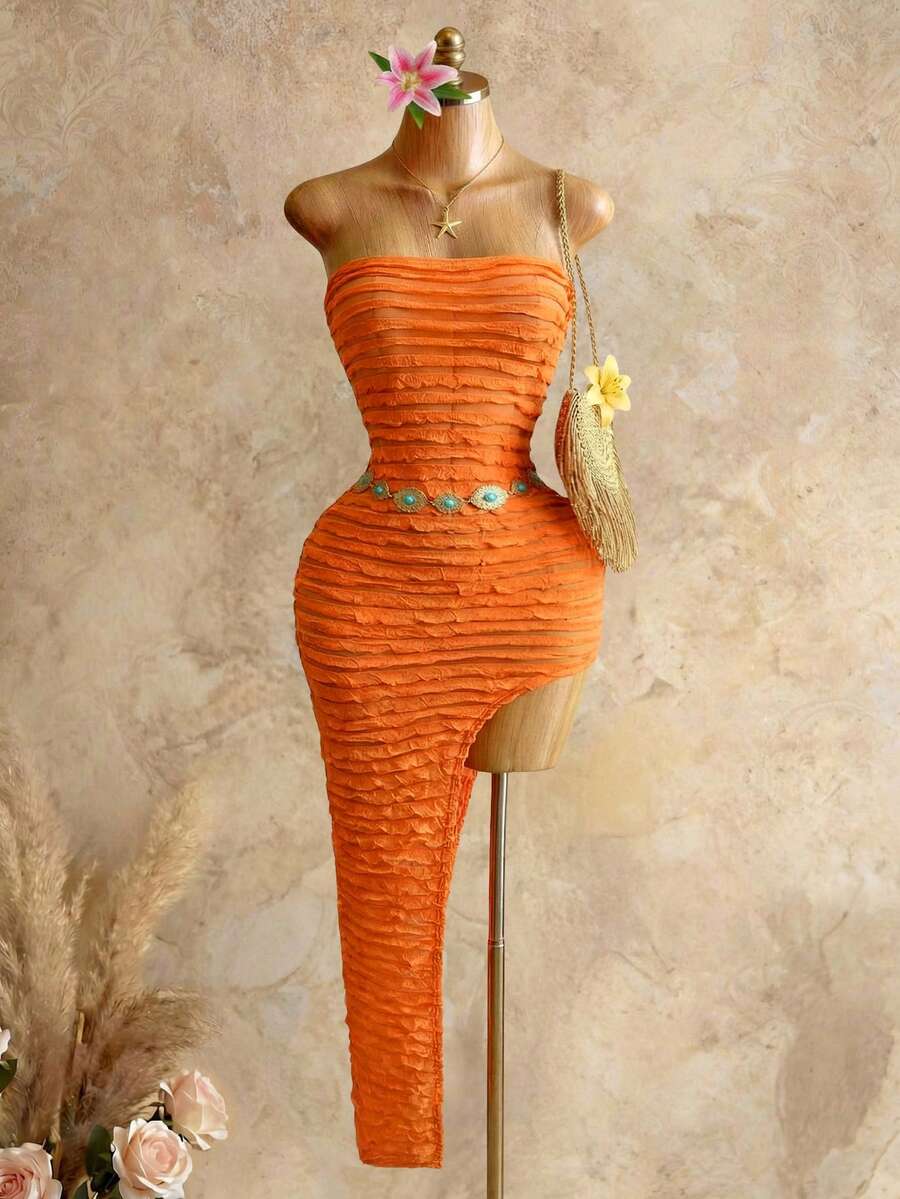 SHEIN BamGlam 性感度假风Y2K无肩带褶皱高开衩紧身连衣裙 - 橘色 - 查看 1