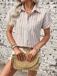 SHEIN Holidaya 休闲度假开襟条纹女式衬衫 - 卡其色 - 查看 6