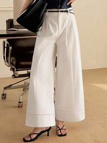 DAZY Pantalones rectos de cintura alta y plisados, estilo casual de ciudad para mujer - Blanco - Ver 2