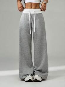 SHEIN PETITE Comfortable And Casual Plain Knitted Low-Rise Wide-Leg Women's Sweatpants - Grey - View 1