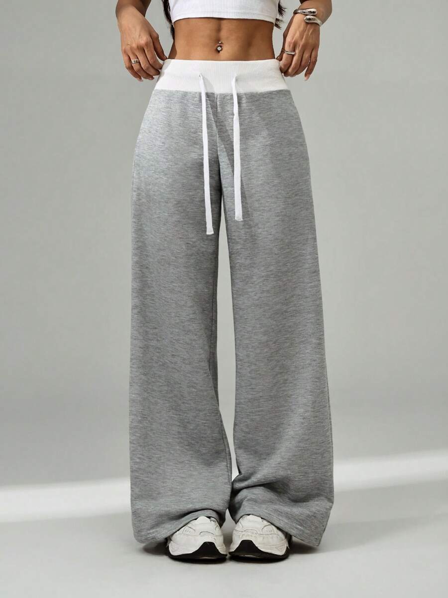 SHEIN PETITE Comfortable And Casual Plain Knitted Low-Rise Wide-Leg Women's Sweatpants - Grey - View 1
