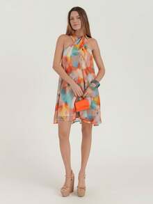 Vestido mini elegante de mujer con estampado floral y cuello halter, para verano - Multicolor - Ver 7