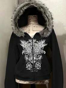 Glimmora 女士常规款字母和翅膀印花拉链连帽卫衣，带毛领 - 黑色 - 查看 1