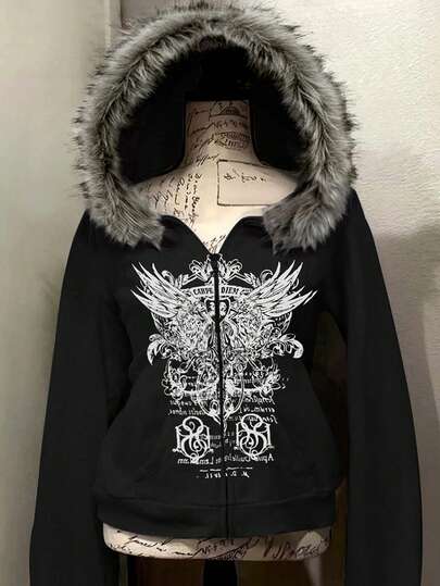Glimmora Women's Regular Letter & Wing Print Zipper Front Hooded Sweatshirt With Fur Collar
