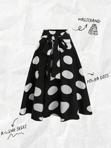 Olithes 女士优雅圆点印花系腰 A 字中裙，秋季 - 黑與白 - 查看 7