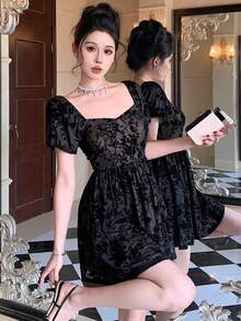 DAZY 春夏黑色花卉植绒网纱蕾丝连衣裙，休闲甜美风，适合情人节、婚礼、派对、时尚活动等场合，修身优雅，适合办公室穿着，短袖设计，波西米亚风连衣裙，适合度假穿着。 - 黑色 - 查看 6