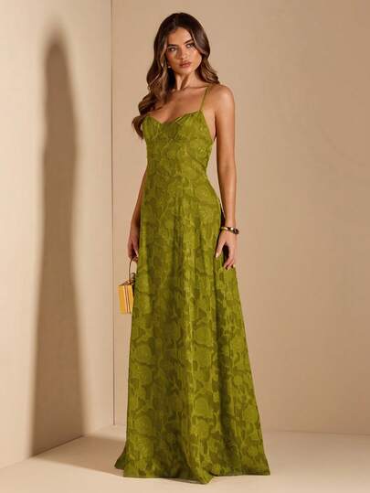 SHEIN BAE Solid Green Woven Jacquard Halter Backless A-Line Dress, Suitable For Vacation, Date, Music Festival, Birthday, Brunch, Bridesmaid, Wedding Guest, Green Dress,Wedding Guest Dress