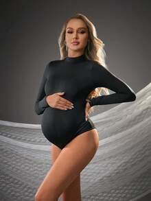 Cheriluna Maternity Bộ đồ liền thân dài tay cổ áo đứng chụp ảnh cho bà bầu - màu đen - Xem 5