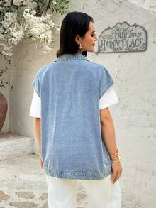 Rivivi Women's Single-Breasted Extra Long Casual Everyday Denim Vest Jacket - Light Wash - View 2