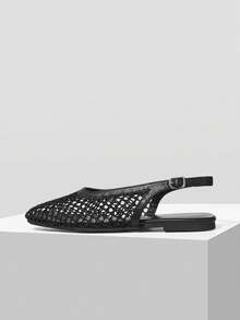Mnmlis Zapatos planos de mujer con punta cuadrada, de moda, tejidos y sin cordones - Negro 1 - Ver 3