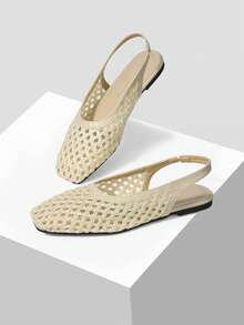 Mnmlis Women's New Fashion Woven Hollow Slip-On Flat-Bottomed Square Toe Shoes - Apricot - View 6