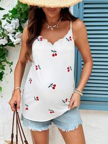 SHEIN Summer Outfit Vacation White Cherry Print, Wavy Neckline, Cute And Sweet Maternity Vacation Style Camisole.   Maternity Cherry Print Casual Camisole Top - White - View 1