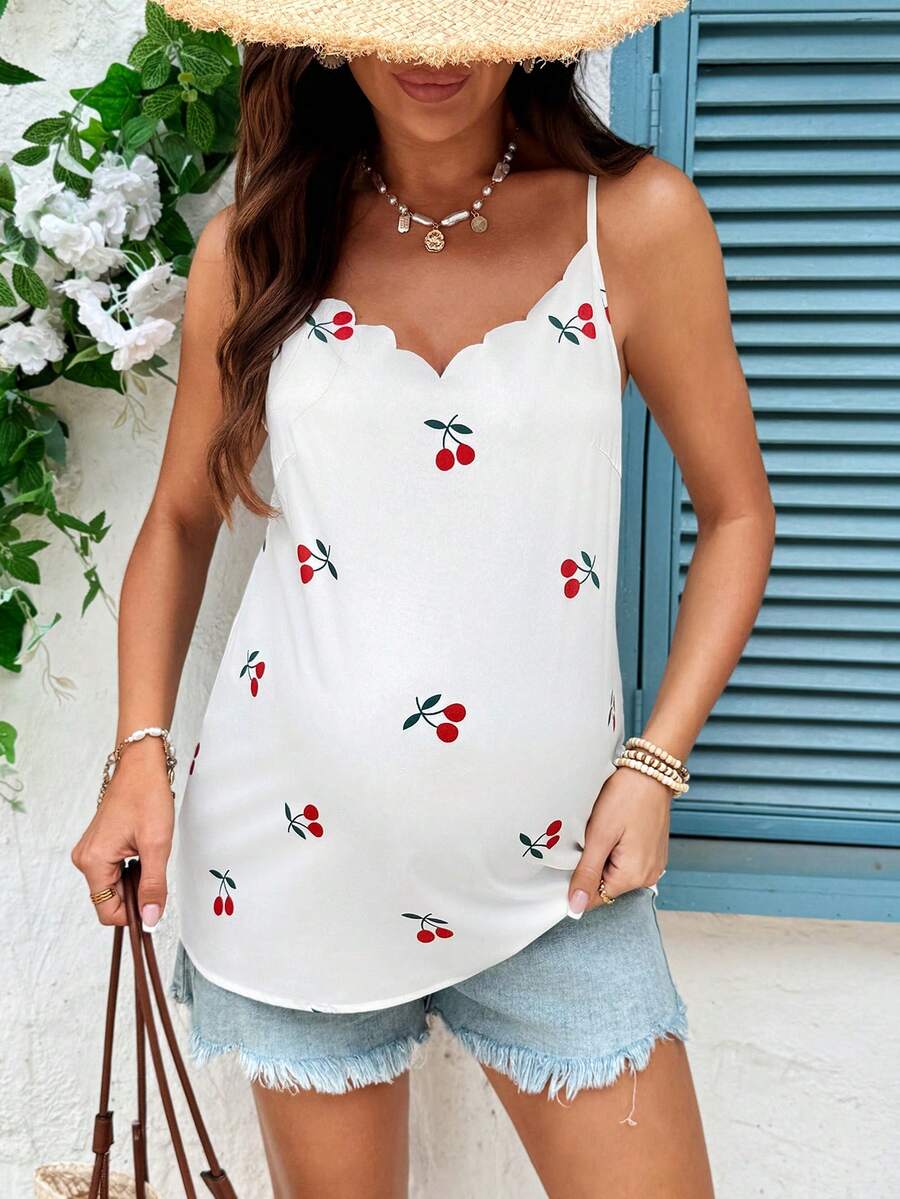 SHEIN Summer Outfit Vacation White Cherry Print, Wavy Neckline, Cute And Sweet Maternity Vacation Style Camisole.   Maternity Cherry Print Casual Camisole Top - White - View 1