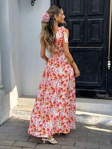 Pariaura 女士新款春夏优雅南法度假风V领碎花连衣裙，无袖中长款修身连衣裙，收腰设计，梭织印花面料，约会和外出完美之选 - 彩色 - 查看 3