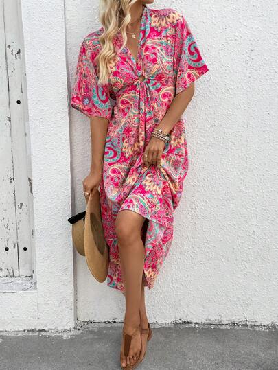 Breezaya Robe élégante imprimée plissée à col en V pour femmes, convient pour l'été