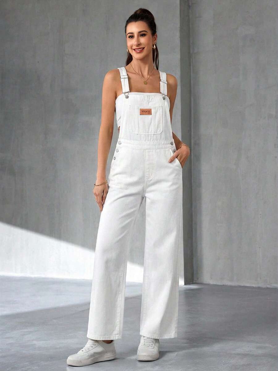 Flexra Casual Versatile White Denim Jumpsuit - White - View 1