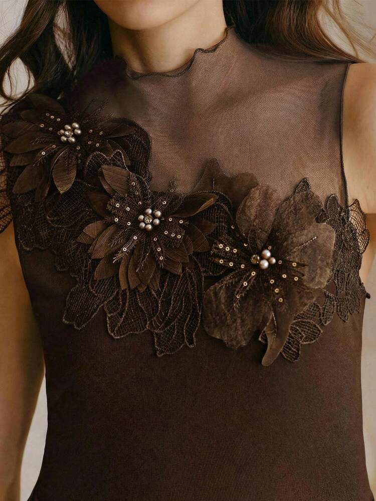 Women's Summer Lightweight Luxury Elegant Sheer Mesh Patchwork 3D Pearl Floral Sleeveless Mock Neck Brown Vest Top. Suitable For Dating, Casual Vacation And Daily Wear