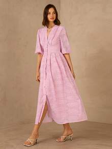 Enchnt 女士夏季度假镂空刺绣腰部荷叶袖连衣裙 - 粉色 - 查看 4