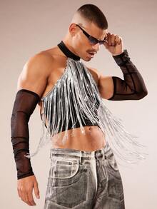 FeverCity Men's Halter Backless Fringe Design Sexy Versatile T-Shirt - Black - View 6