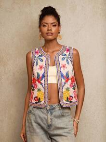 Chaleco ligero de mujer con bordado floral y de loro, chaleco bohemio, chaleco floral, estilo casual de mujer, atuendo para salir, atuendos elegantes, estilo campestre para mujer, atuendos casuales, chaleco elegante - Multicolor 4 - Ver 5