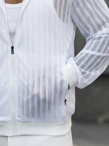 Manfinity CasualCool Men's Striped Mesh Long Sleeve Zip Front Casual Baseball Jacket - White - View 5