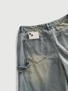 ROMWE MEN Street Life Quần short denim dáng rộng đính kim cương lấp lánh dành cho nam - Rửa nhẹ - Xem 5