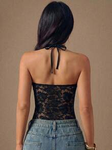 SHEIN BAE 女士蕾丝吊带系带性感蕾丝连衣裙，适合海滩度假、休闲外出、海滩度假村，性感蕾丝连体衣，黑色度假连体衣 - 黑色 - 查看 2