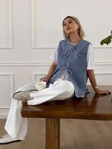 Dazy Tall 高个女式无袖系带短款牛仔开衫 - 淺色水洗藍 - 查看 3